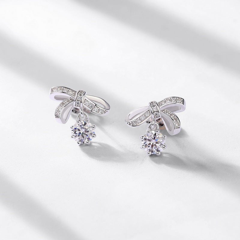 Bow Moissanite Stud Earrings for Women 925 Silver Jewelry Gift