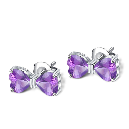 Bow Tie Stud Earrings: Amethyst, Citrine, or Garnet in 925 Silver
