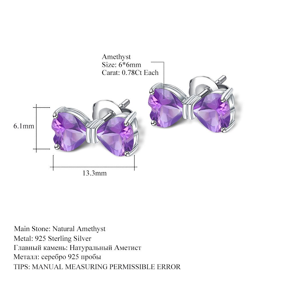 Bow Tie Stud Earrings: Amethyst, Citrine, or Garnet in 925 Silver