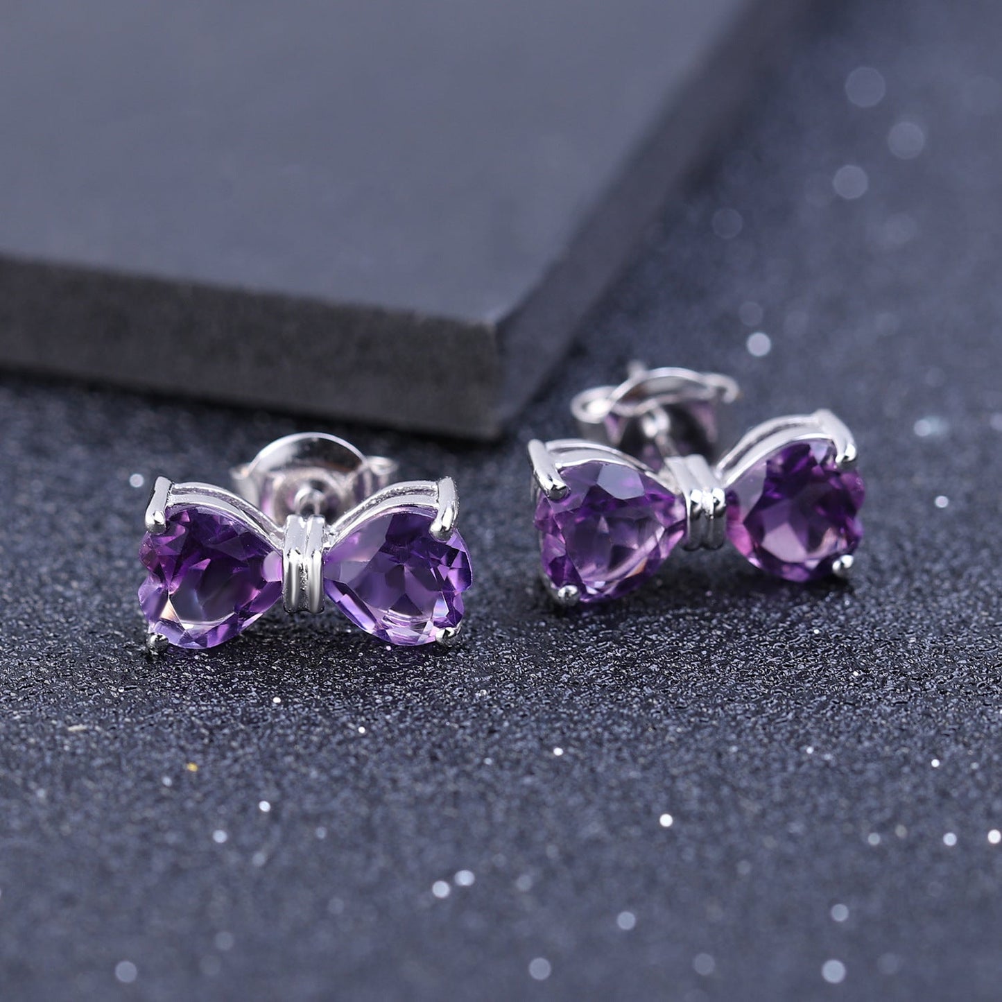 Bow Tie Stud Earrings: Amethyst, Citrine, or Garnet in 925 Silver