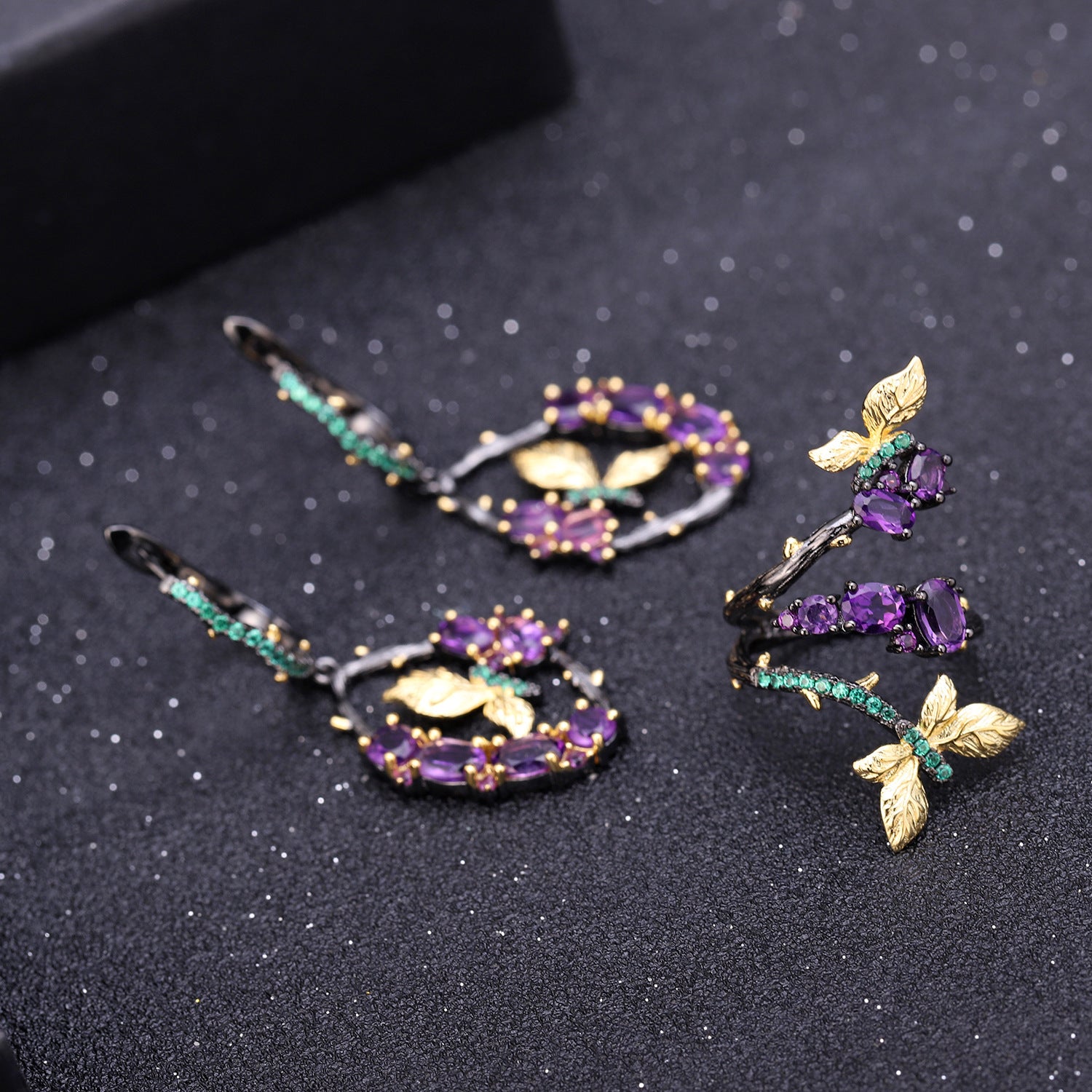 Butterfly Design Natural Garnet Amethyst Ring 925 Silver Adjustable Ring Gift for Her