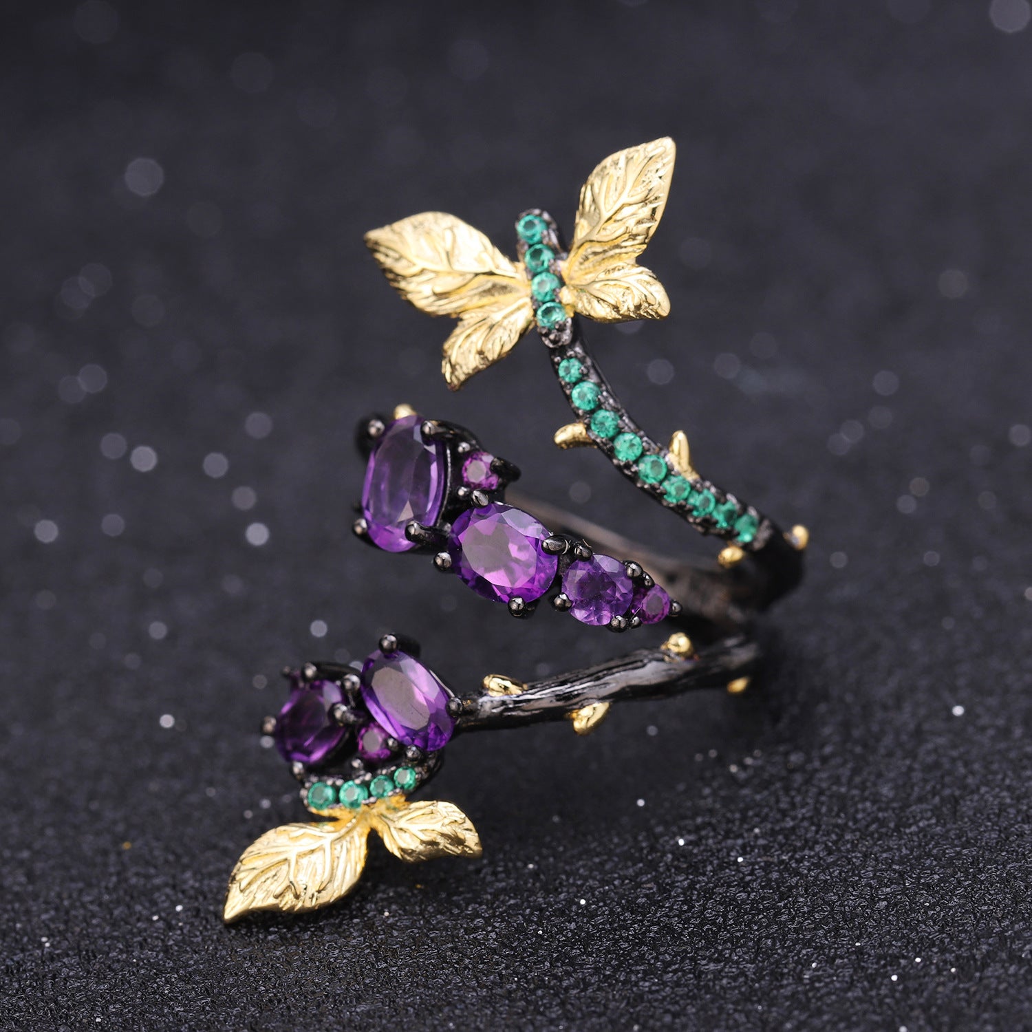 Butterfly Design Natural Garnet Amethyst Ring 925 Silver Adjustable Ring Gift for Her