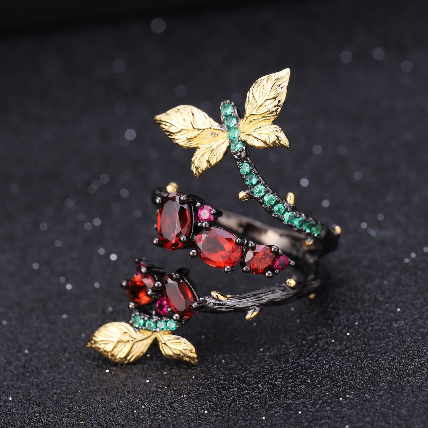 Butterfly Design Natural Garnet Amethyst Ring 925 Silver Adjustable Ring Gift for Her