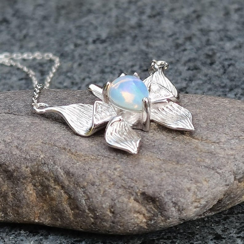 Butterfly Opal Necklace Sterling Silver, Delicate Nature Pendant with Natural Opal Birthstone Gift