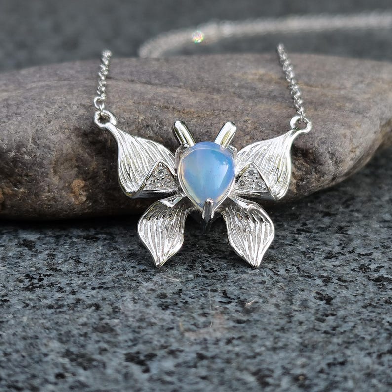 Butterfly Opal Necklace Sterling Silver, Delicate Nature Pendant with Natural Opal Birthstone Gift