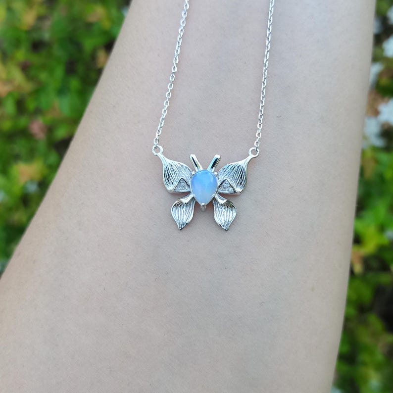Butterfly Opal Necklace Sterling Silver, Delicate Nature Pendant with Natural Opal Birthstone Gift