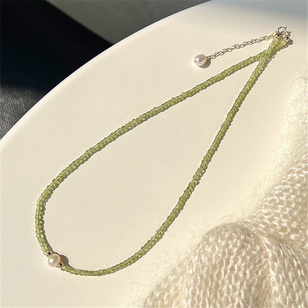 Natural Peridot & Freshwater Pearl Necklace, Dainty 925 Silver Light Luxury Jewelry Gift for Women