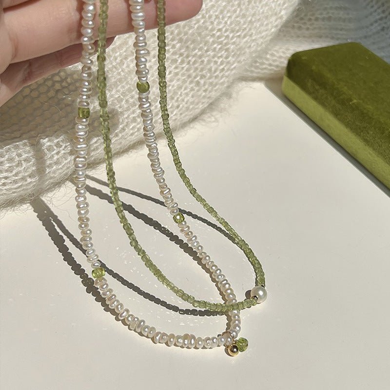 Natural Peridot & Freshwater Pearl Necklace, Dainty 925 Silver Light Luxury Jewelry Gift for Women