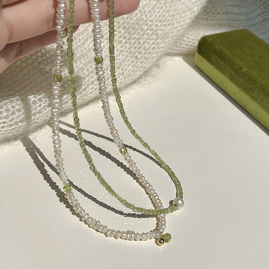 Natural Peridot & Freshwater Pearl Necklace, Dainty 925 Silver Light Luxury Jewelry Gift for Women