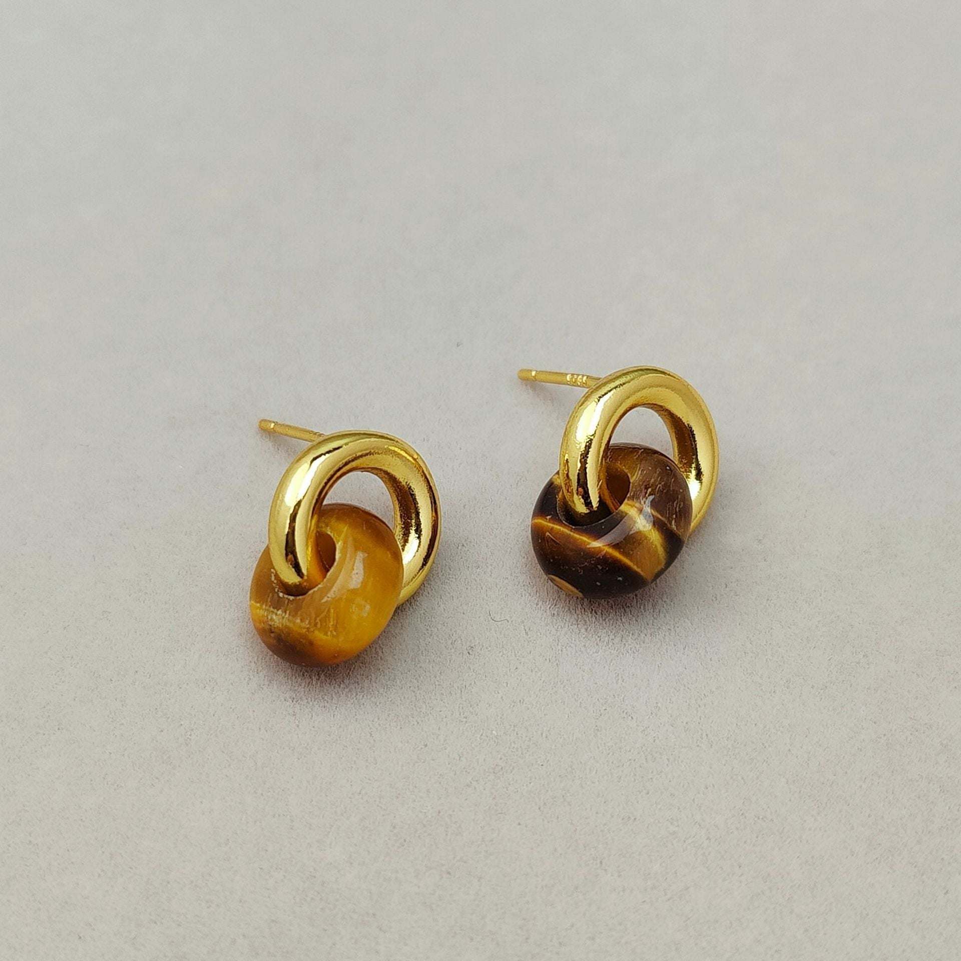 Co - branded Tiger Eye Stone Studs Buckle Retro Earrings 925 Silver
