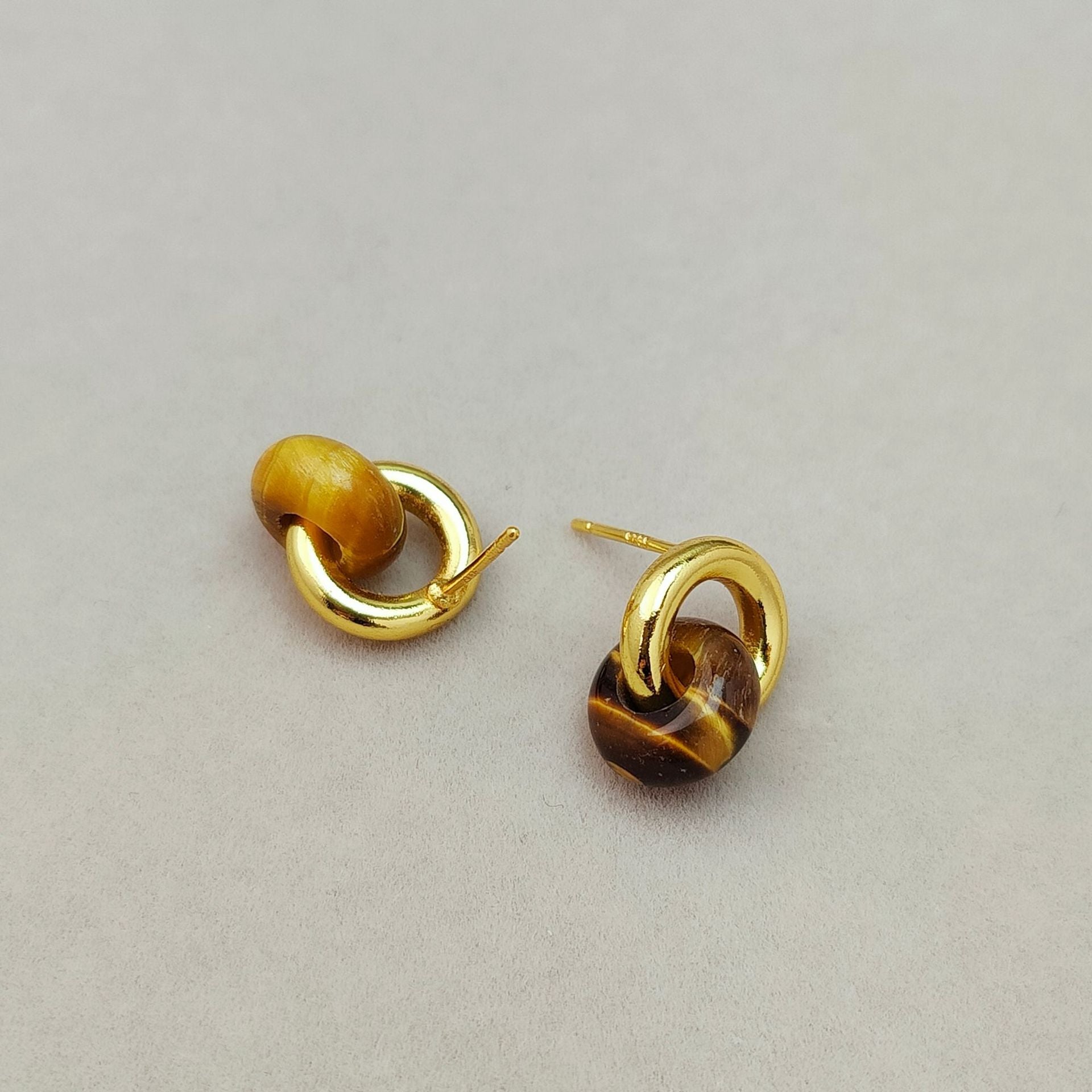 Co - branded Tiger Eye Stone Studs Buckle Retro Earrings 925 Silver