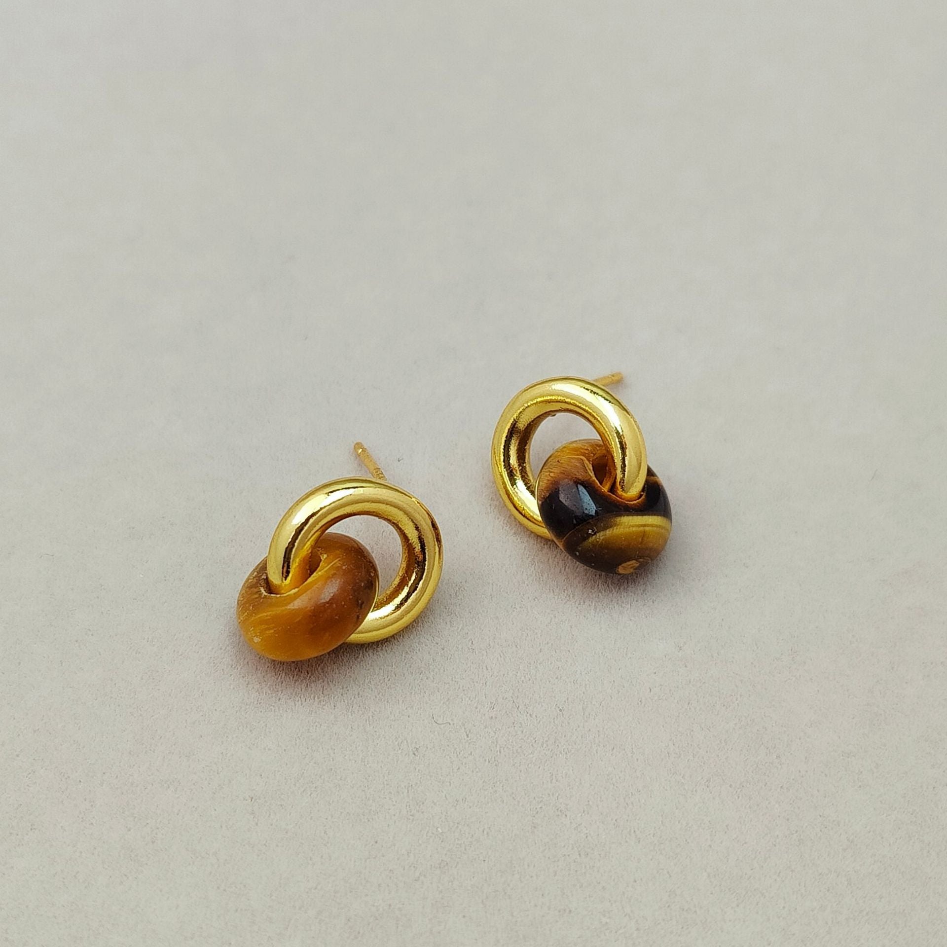 Co - branded Tiger Eye Stone Studs Buckle Retro Earrings 925 Silver