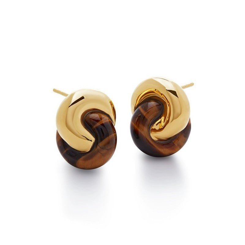 Co-branded Tiger Eye Stone Studs Buckle Retro Earrings 925 Silver