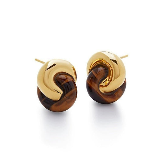 Co-branded Tiger Eye Stone Studs Buckle Retro Earrings 925 Silver