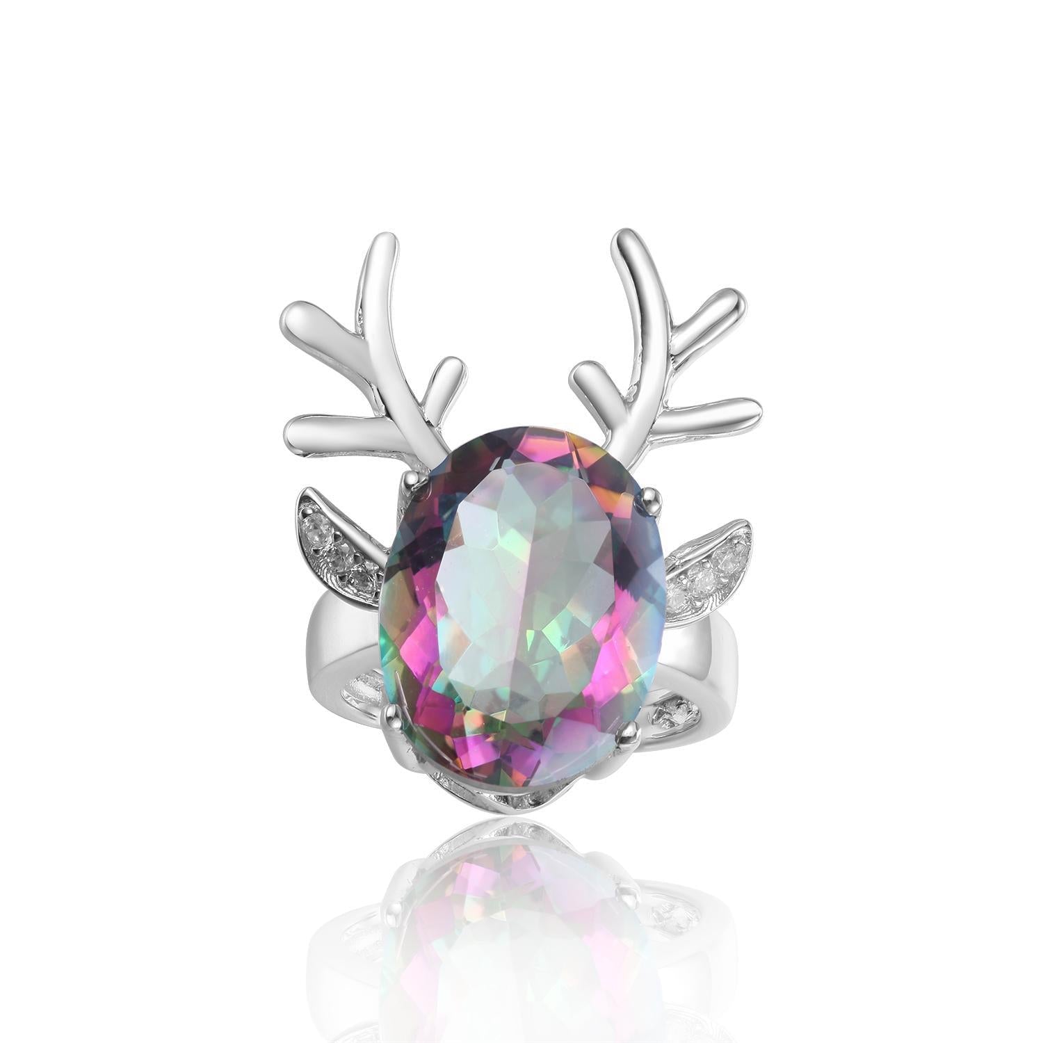 Colorful Crystal Elk Ring 925 Sterling Silver Christmas Gift