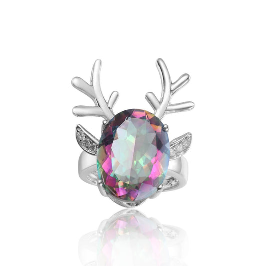 Colorful Crystal Elk Ring 925 Sterling Silver Christmas Gift