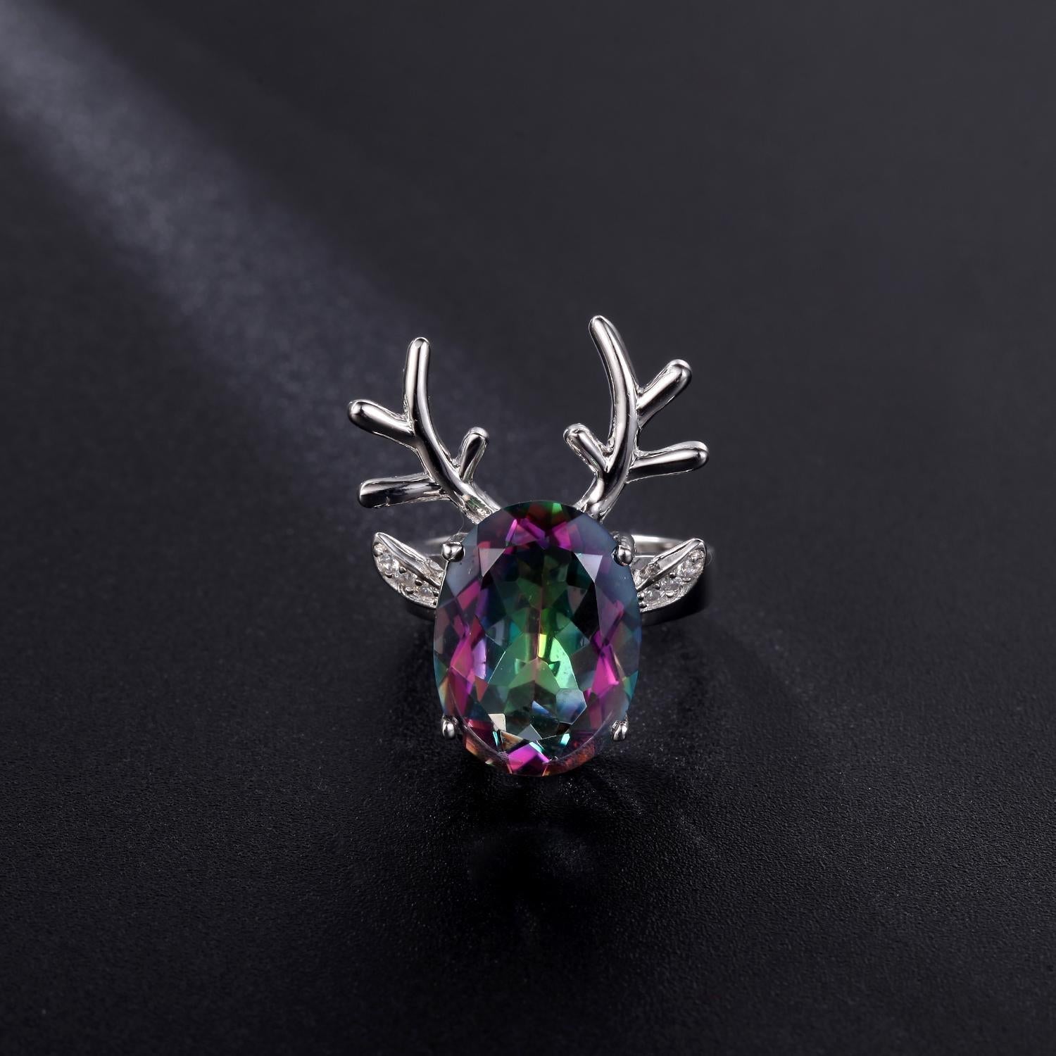 Colorful Crystal Elk Ring 925 Sterling Silver Christmas Gift