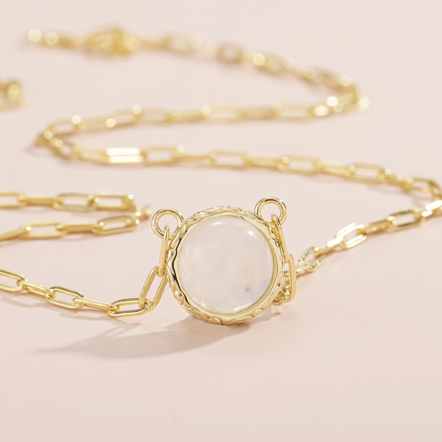 Cream Blue Moonstone Necklace - 925 Sterling Silver & Gold Art Deco Chain for Women