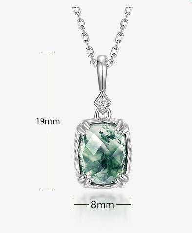 Cushion Cut Green Moss Agate Pendant Necklace - Minimalist Solitaire in 925 Sterling Silver