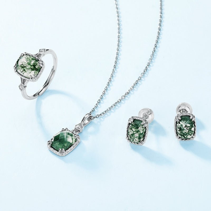 Cushion Cut Green Moss Agate Pendant Necklace - Minimalist Solitaire in 925 Sterling Silver