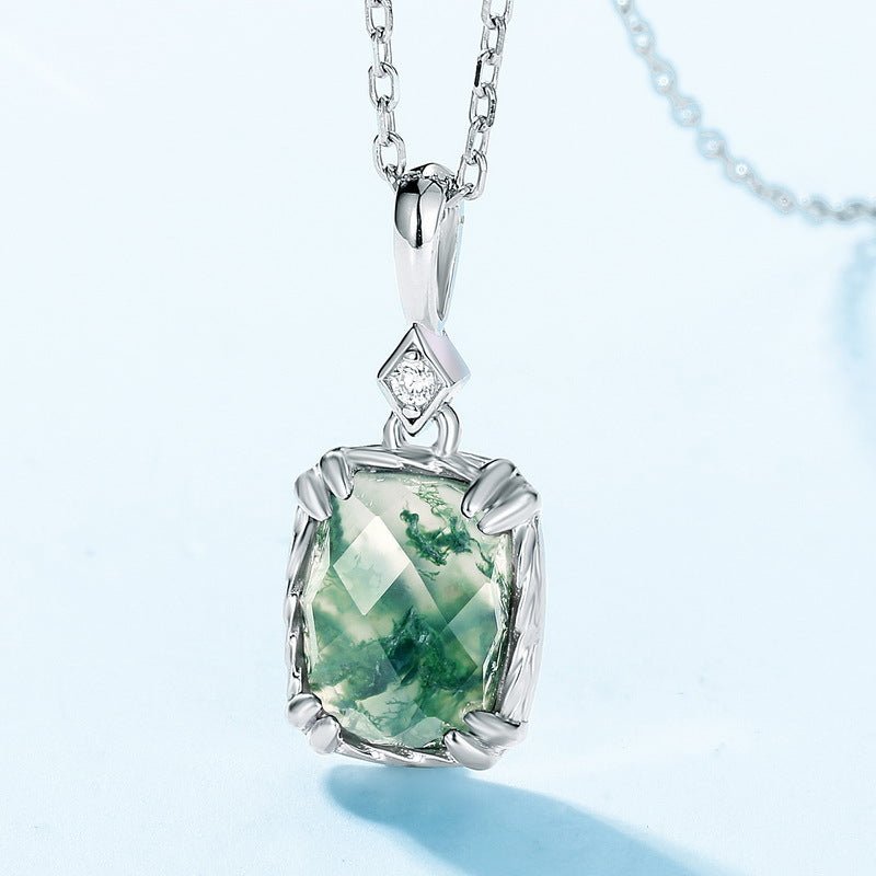 Cushion Cut Green Moss Agate Pendant Necklace - Minimalist Solitaire in 925 Sterling Silver