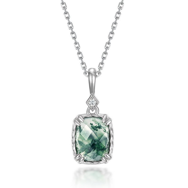 Cushion Cut Green Moss Agate Pendant Necklace - Minimalist Solitaire in 925 Sterling Silver