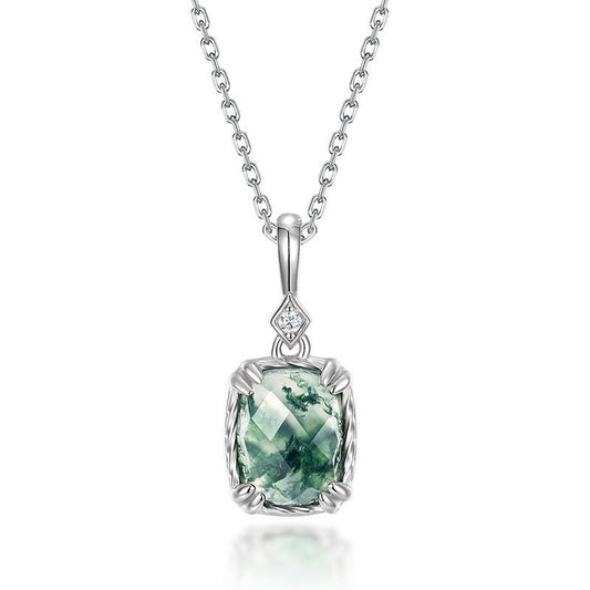 Cushion Cut Green Moss Agate Pendant Necklace - Minimalist Solitaire in 925 Sterling Silver