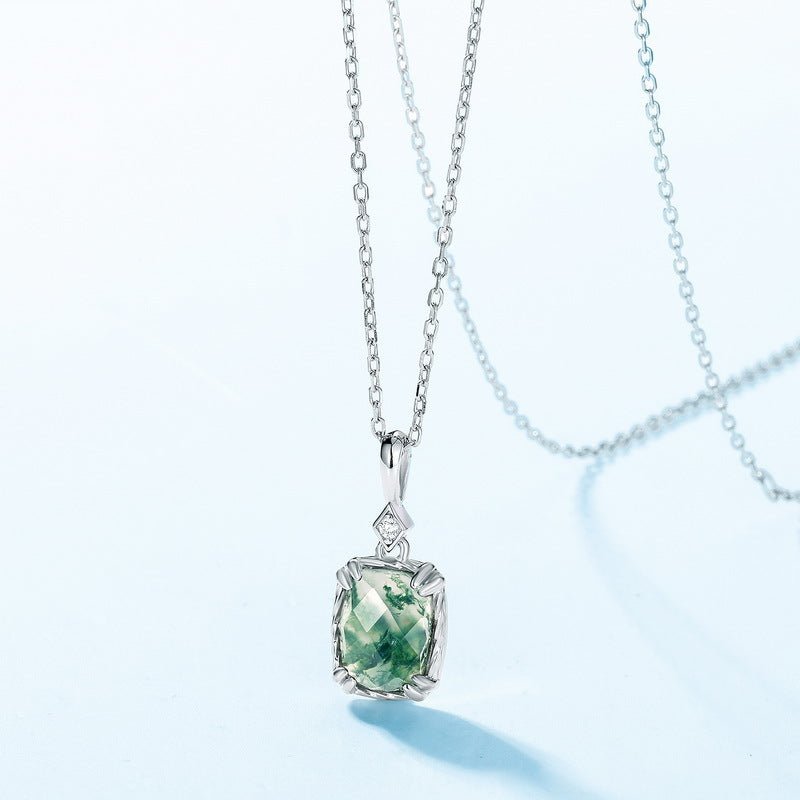 Cushion Cut Green Moss Agate Pendant Necklace - Minimalist Solitaire in 925 Sterling Silver