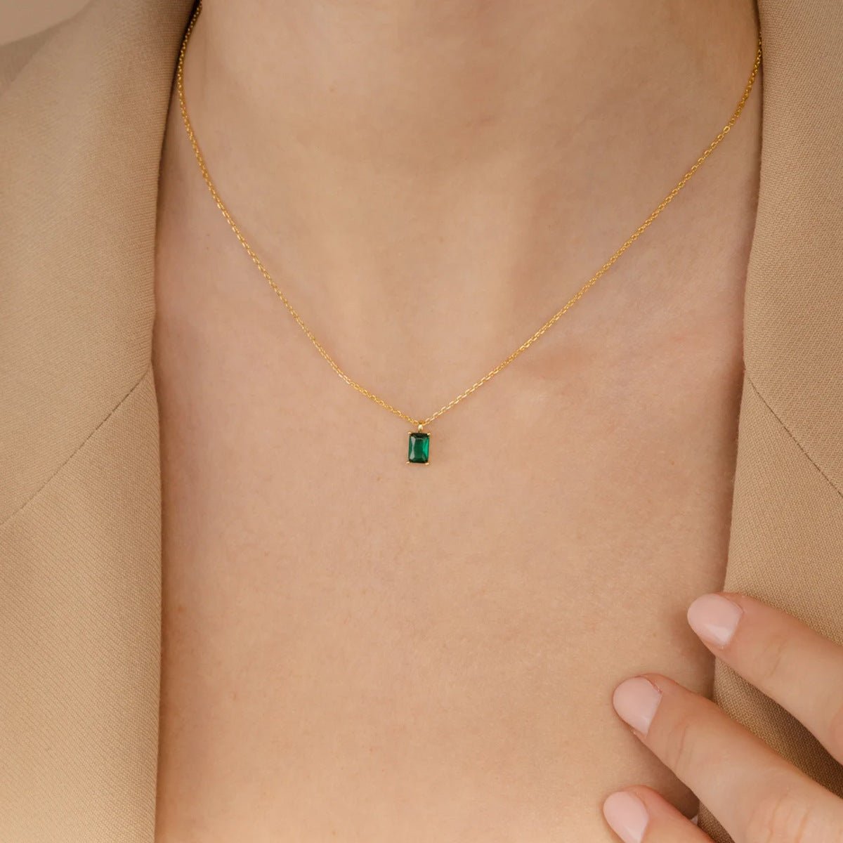 Personalized Emerald Birthstone Necklace in Gold | Minimalist Baguette Jewelry Gift for Women
