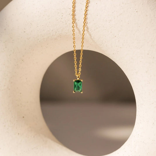 Personalized Emerald Birthstone Necklace in Gold | Minimalist Baguette Jewelry Gift for Women