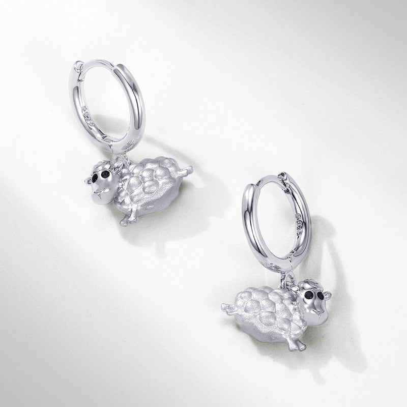 Cute Little Sheep Earrings Hoop Dangle 925 Silver Hand Brushed