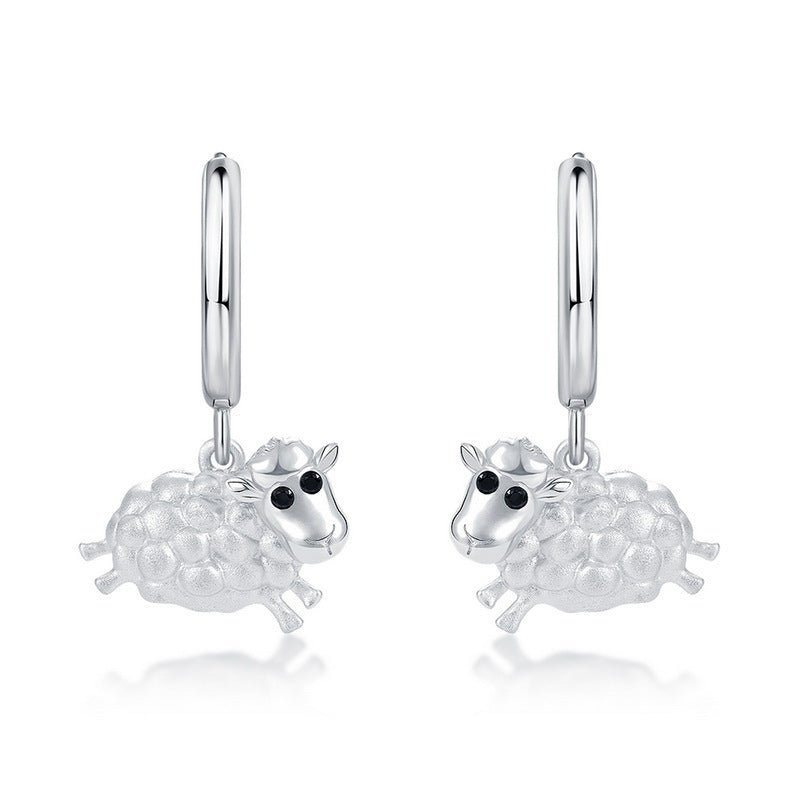 Cute Little Sheep Earrings Hoop Dangle 925 Silver Hand Brushed