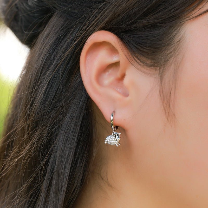 Cute Little Sheep Earrings Hoop Dangle 925 Silver Hand Brushed