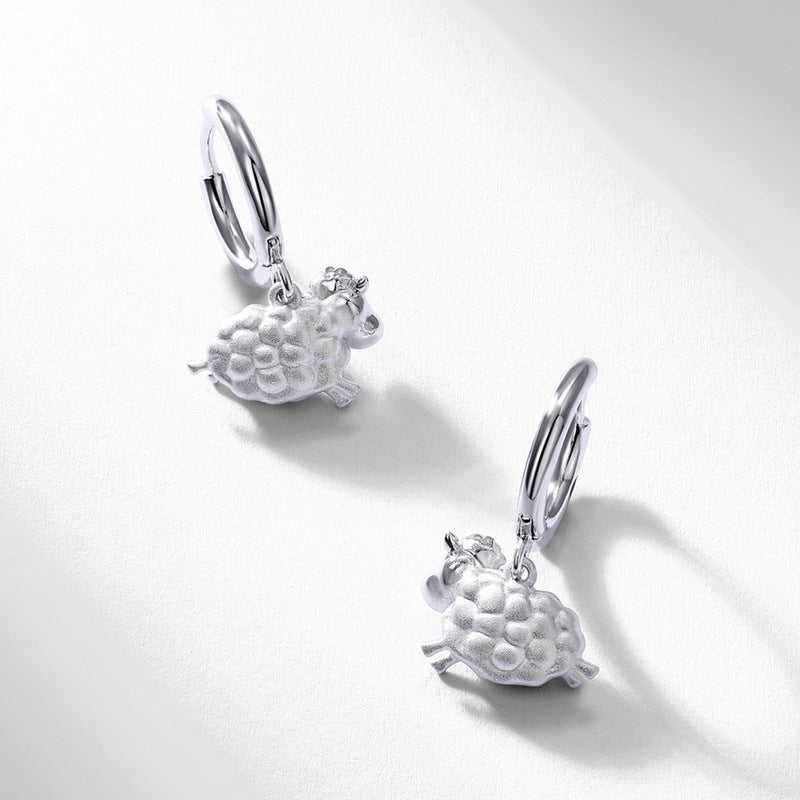 Cute Little Sheep Earrings Hoop Dangle 925 Silver Hand Brushed