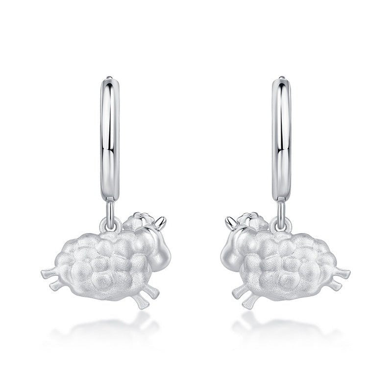 Cute Little Sheep Earrings Hoop Dangle 925 Silver Hand Brushed
