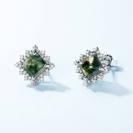 Dainty S925 Princess Cut Green Moss Agate Stud Earrings