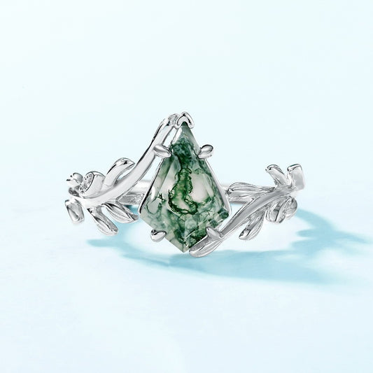 Olive Branch Natural Green Moss Agate Ring Minimalist • Green Crystal Birthstone Ring • Vintage Art Deco Jewelry