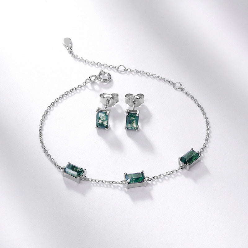 Dainty Emerald Cut Green Moss Agate Stud Earrings 925 Sterling Silver Aquatic Agate Earrings