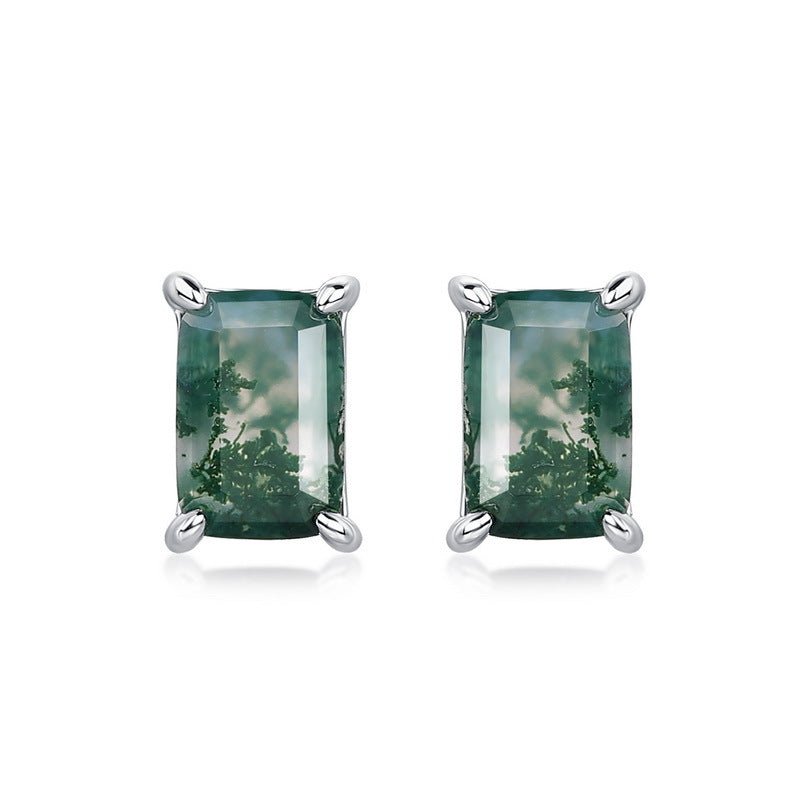Dainty Emerald Cut Green Moss Agate Stud Earrings 925 Sterling Silver Aquatic Agate Earrings