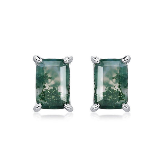 Dainty Emerald Cut Green Moss Agate Stud Earrings 925 Sterling Silver Aquatic Agate Earrings