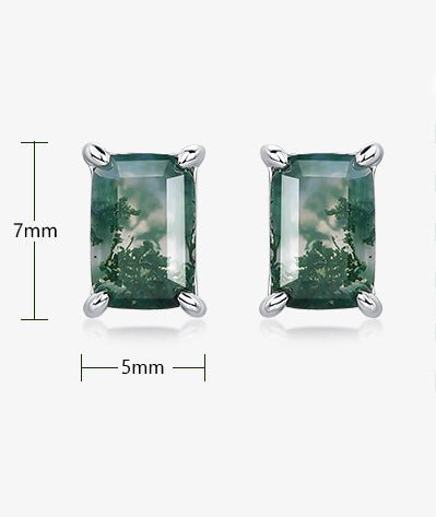 Dainty Emerald Cut Green Moss Agate Stud Earrings 925 Sterling Silver Aquatic Agate Earrings