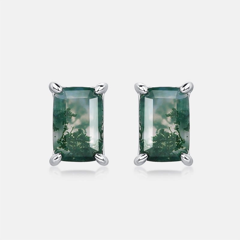 Dainty Emerald Cut Green Moss Agate Stud Earrings 925 Sterling Silver Aquatic Agate Earrings