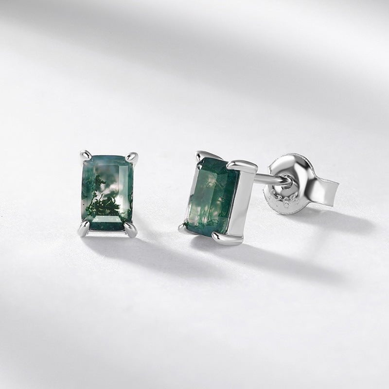 Dainty Emerald Cut Green Moss Agate Stud Earrings 925 Sterling Silver Aquatic Agate Earrings