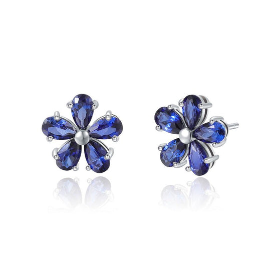 Dainty Flower Pear Blue Sapphire Stud Earrings, Sterling Silver Sapphire Diamond Flower Earrings, September Birthstone Floral Earrings Gift For Her Birthday