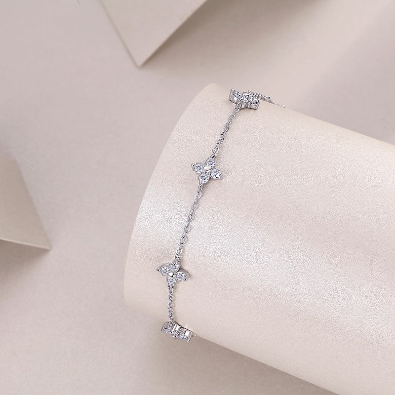 Dainty Four Leaf Clover Bracelet - 0.6ct Moissanite 925 Sterling Silver Lucky Charm Gift