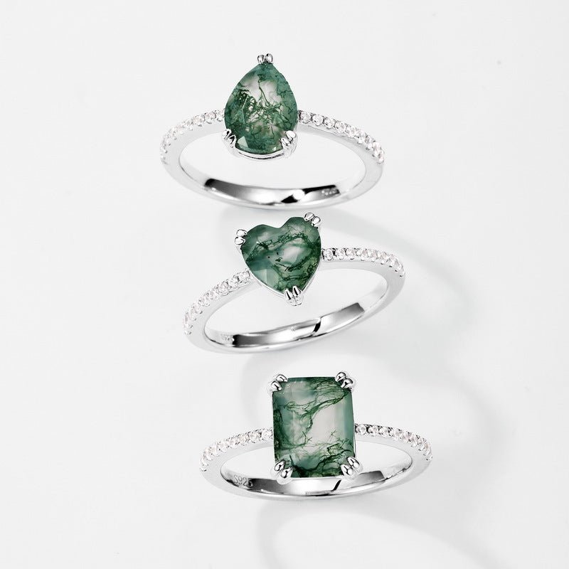 Dainty Love Pear-shaped Solitaire Natural Moss Agate Ring 925 Silver Engagement Gift