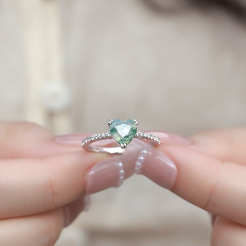 Dainty Love Pear-shaped Solitaire Natural Moss Agate Ring 925 Silver Engagement Gift