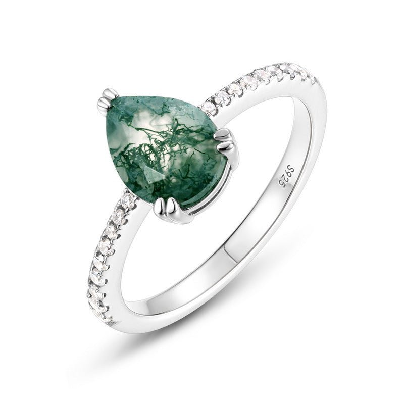 Dainty Love Pear-shaped Solitaire Natural Moss Agate Ring 925 Silver Engagement Gift