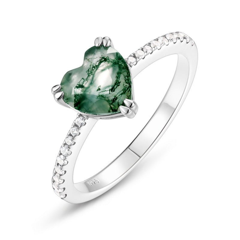 Dainty Love Pear-shaped Solitaire Natural Moss Agate Ring 925 Silver Engagement Gift