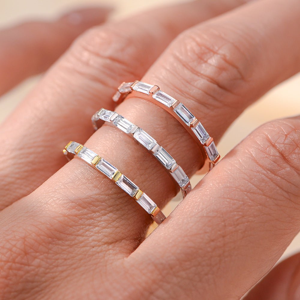 Dainty 7 Baguette CZ Band Ring | Minimalist Stackable Ring in Silver, Yellow & Rose Gold